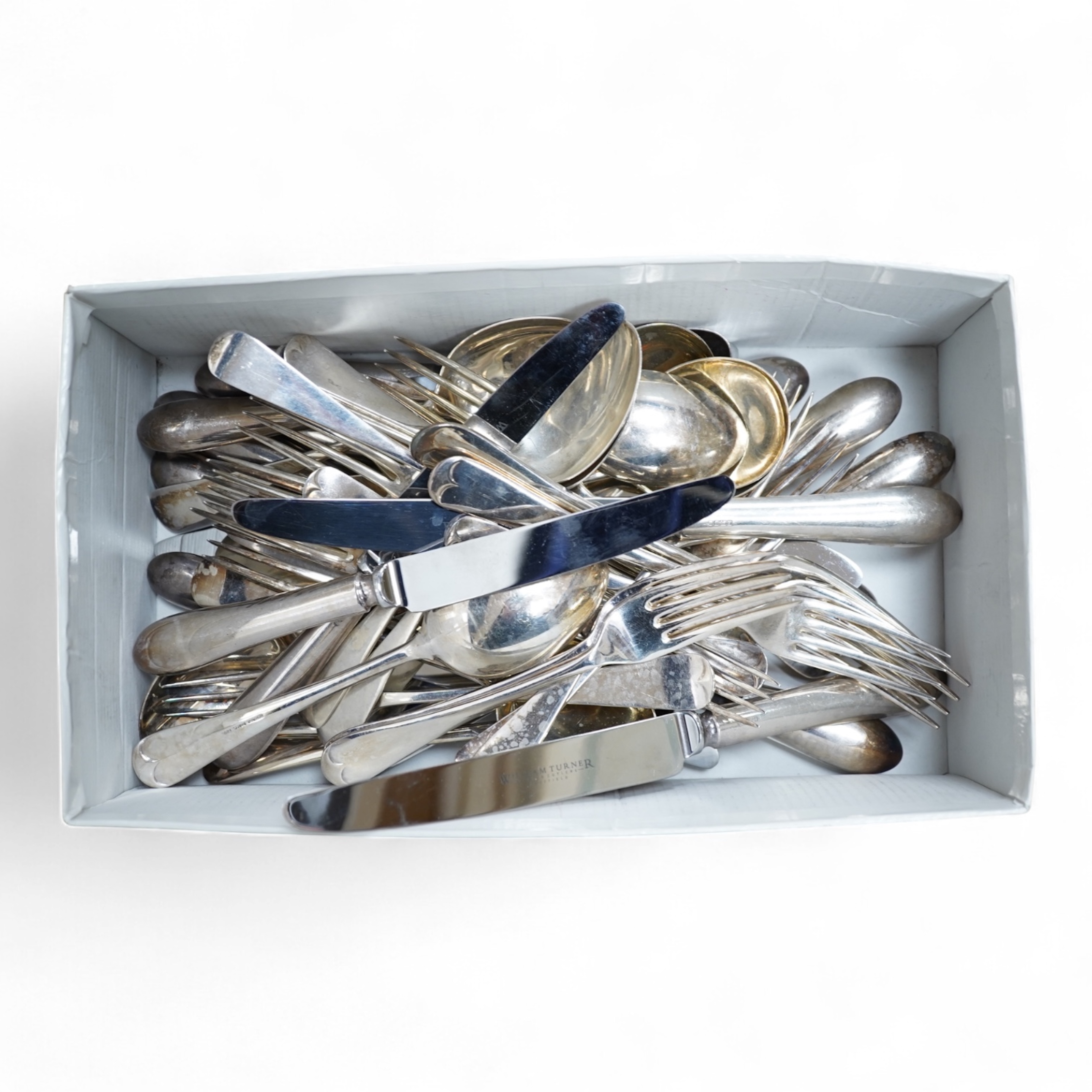 A George VI canteen of silver Hanoverian pattern flatware for six by Goldsmiths & Silversmiths Co Ltd, comprising dessert and table forks and soup and dessert spoons, Sheffield, 1944, 39.6oz, together with eight similar